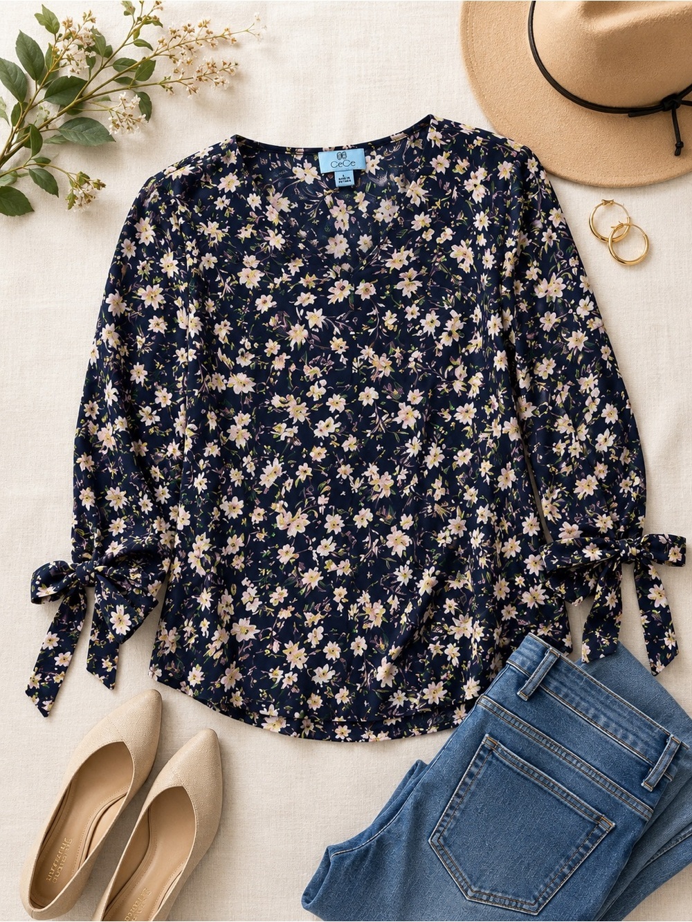 CeCe | Floral Tie Sleeve Blouse Navy Multi | Women's Large Romantic Cottagecore - Picture 2 of 6